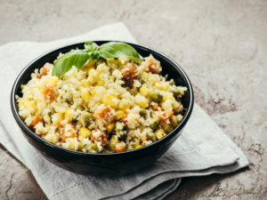 cauliflower rice with vegetables. copy space
